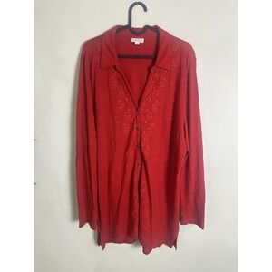 J Jill Womens Embroidered Red Button Up Knit Tunic Top Long Sleeve Size XL